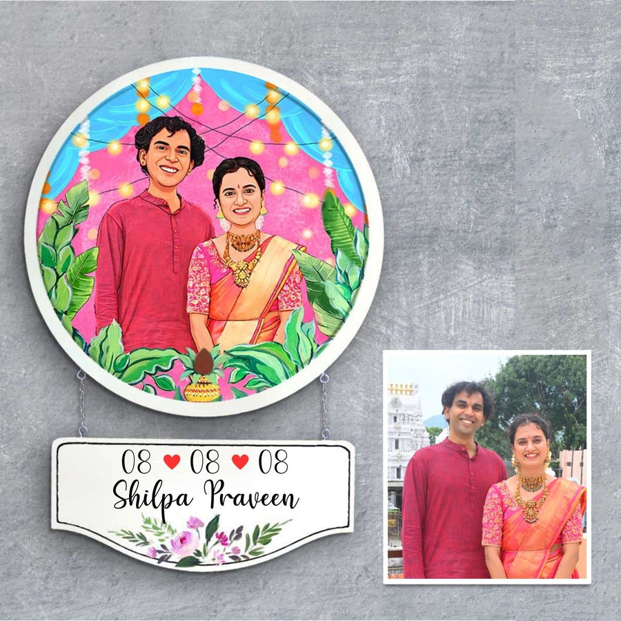 Photo Caricature Hanging Nameplate Wedding Couples 2 - Name Personalization and Reference Photo