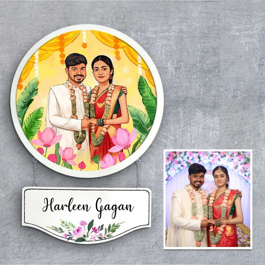 Photo Caricature Hanging Nameplate Wedding Couples 3 - Front View with Personalized Nameplate