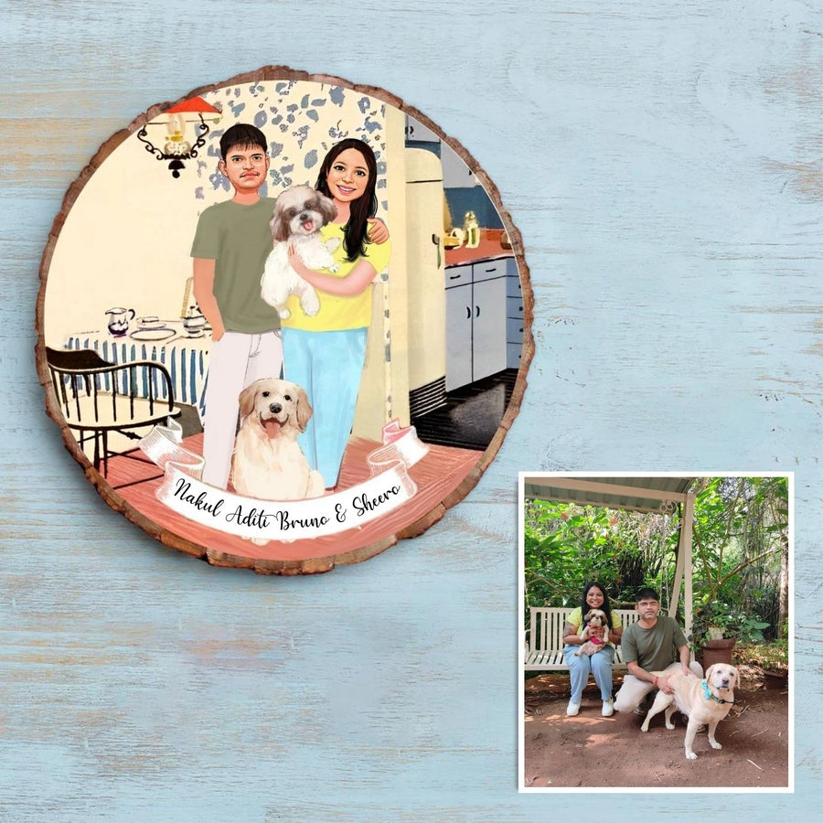 Photo Caricature Bark Nameplate With Stand For Couples With Pets 1 - Front View with Personalized Illustration