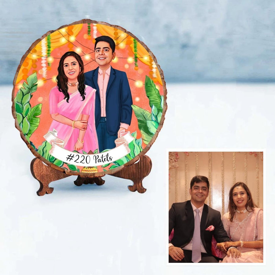 Photo Caricature Bark Nameplate With Stand For Wedding Couples 3 - Front View on Wooden Stand