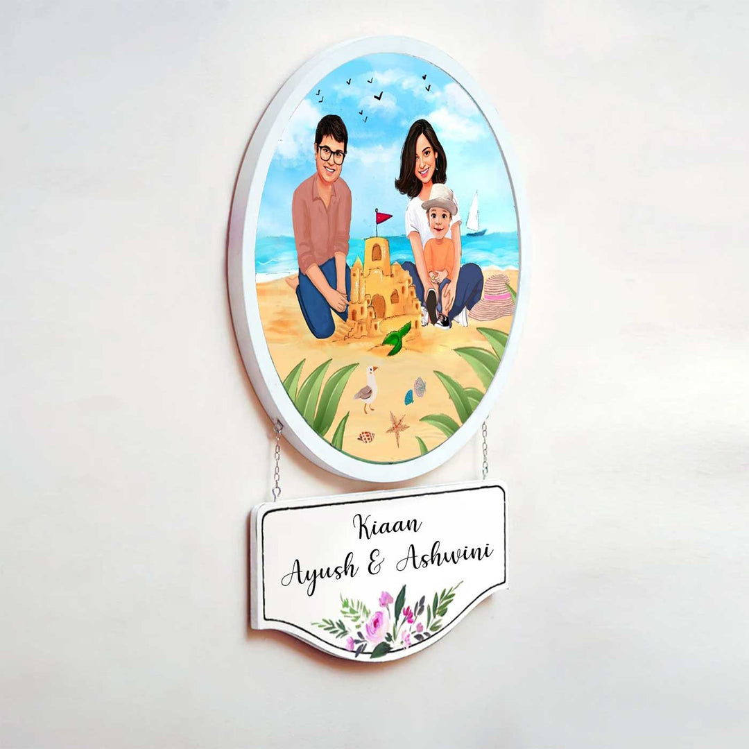 Photo Caricature Hanging Nameplate Small Family 5 - Hanging Wall Plaque with Nameplate
