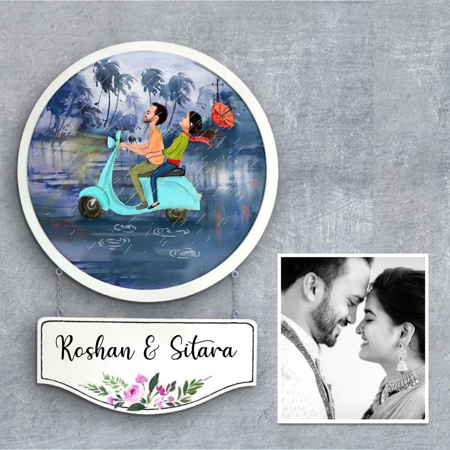 Photo Caricature Hanging Nameplate Couples 3 - Wall-Mounted Personalized Name Plate