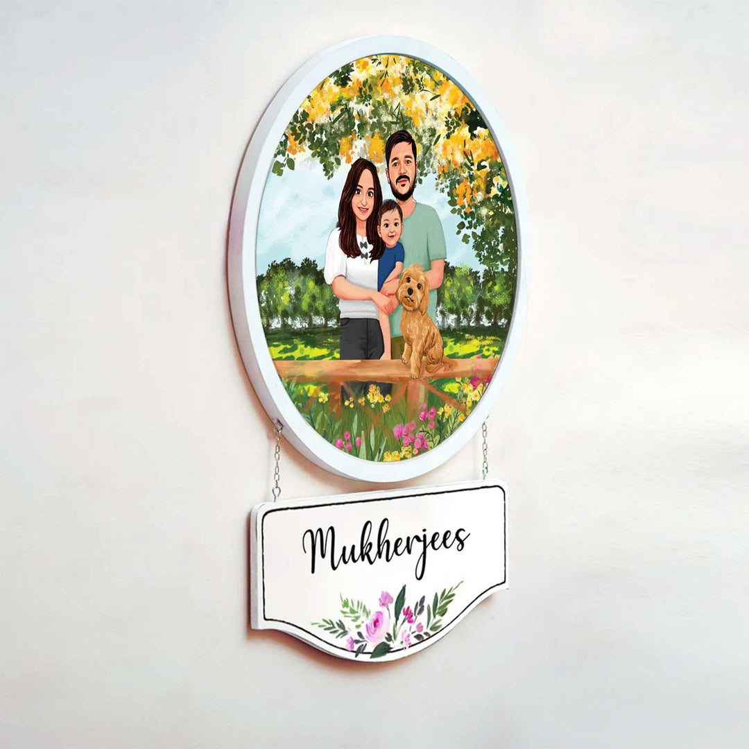 Photo Caricature Hanging Nameplate Small Family With Pets 1 - Mounted Wall Sign with Nameplate