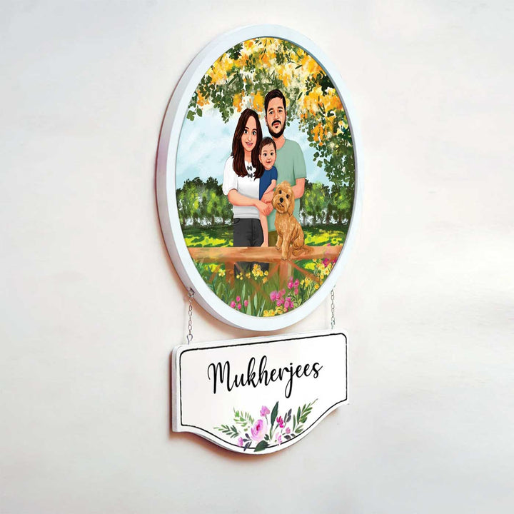 Photo Caricature Hanging Nameplate Small Family With Pets 1 - Mounted Wall Sign with Nameplate