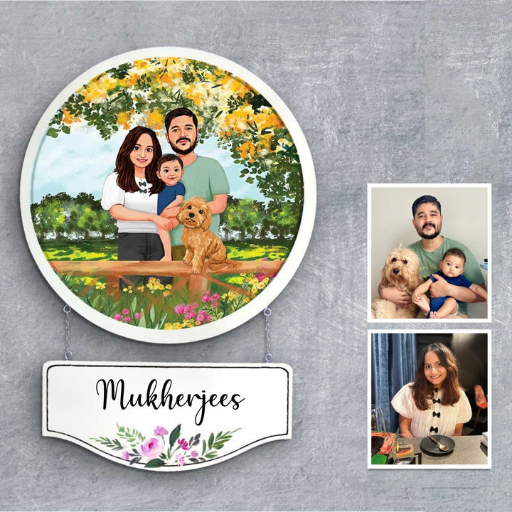 Photo Caricature Hanging Nameplate Small Family With Pets 1 - Front View with Personalization Example