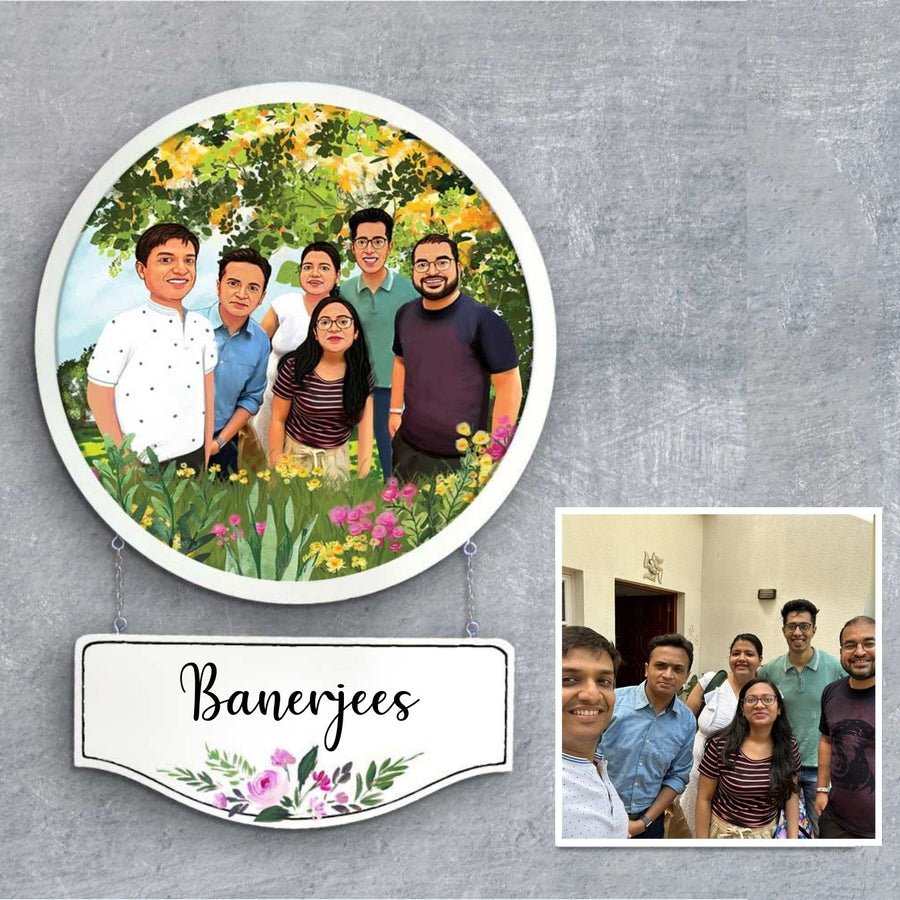 Photo Caricature Hanging Nameplate Large Family 2 - Mounted Family Portrait with Nameplate