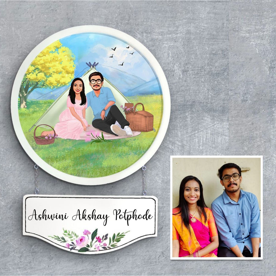 Photo Caricature Hanging Nameplate For Couples 6 - Front View with Name Personalization