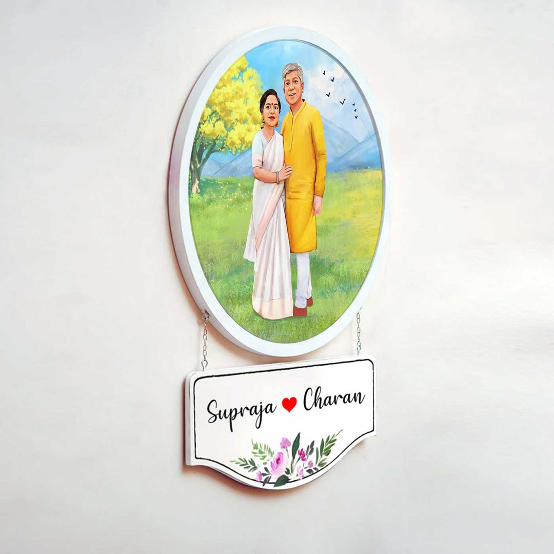 Photo Caricature Hanging Nameplate Couples 1 - Mounted on Wall with Hanging Sign