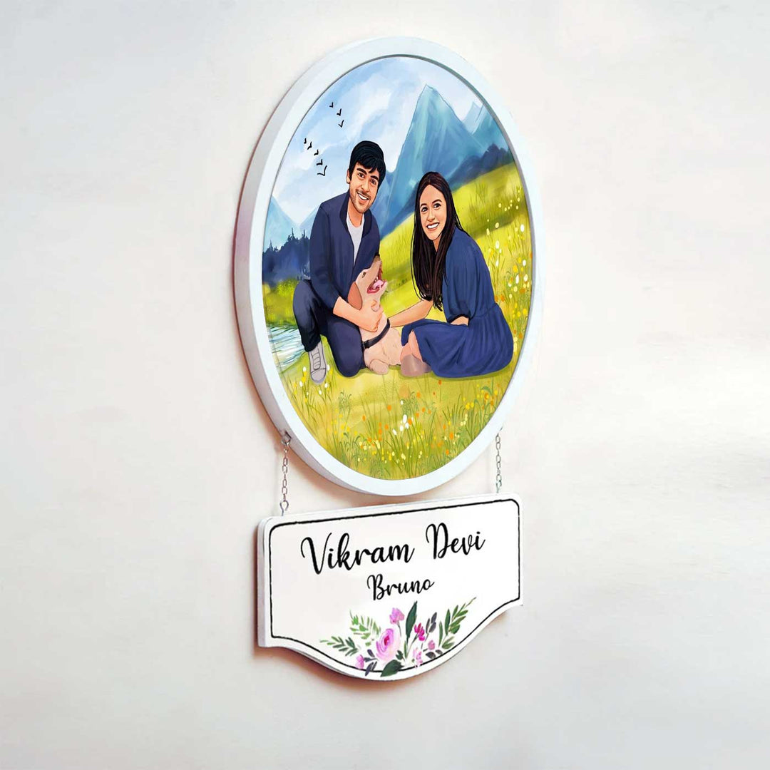 Photo Caricature Hanging Nameplate Couples With Pets 3 - Hanging Personalized Wall Decor