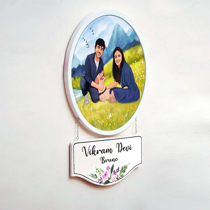 Photo Caricature Hanging Nameplate Couples With Pets 3 - Hanging Personalized Wall Decor