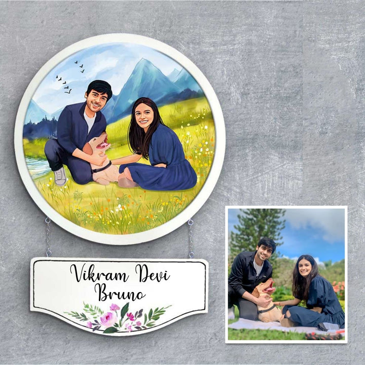 Photo Caricature Hanging Nameplate Couples With Pets 3 - Front View with Personalized Nameplate