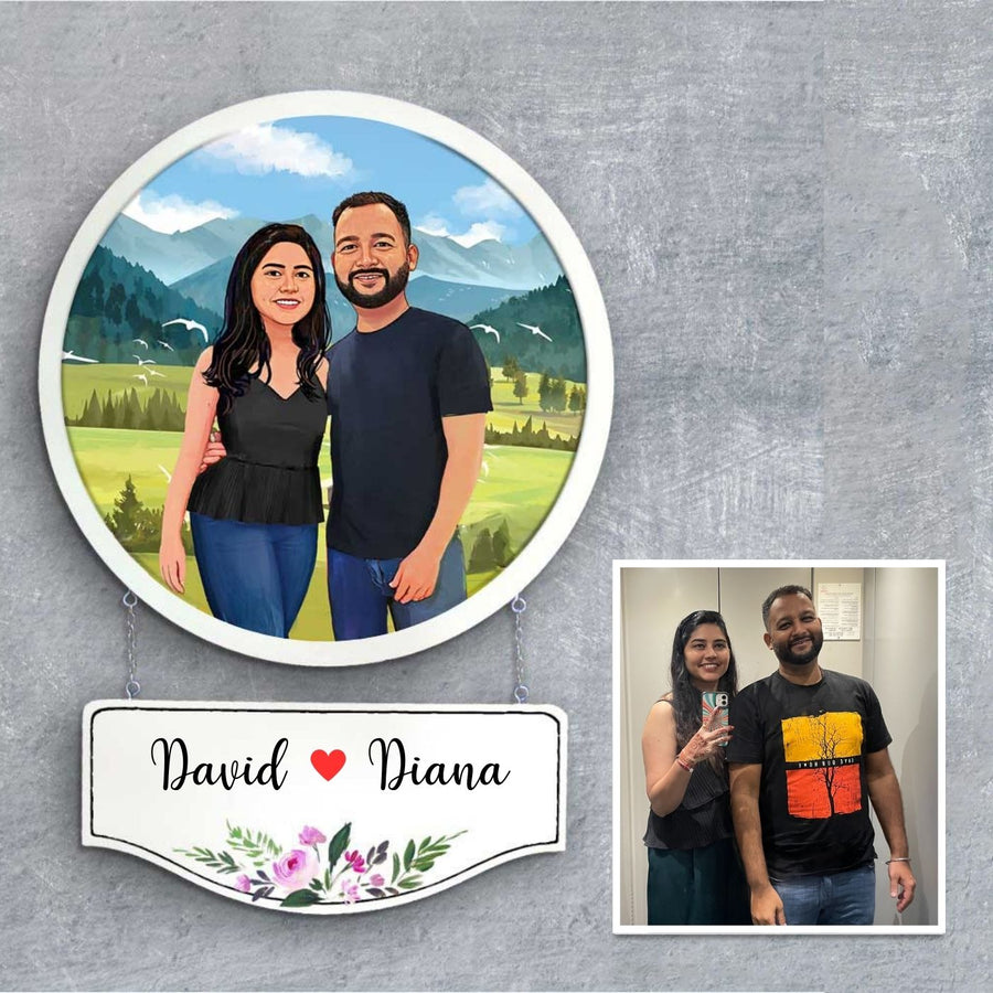 Photo Caricature Hanging Nameplate Couples 2 - Front View with Personalized Nameplate