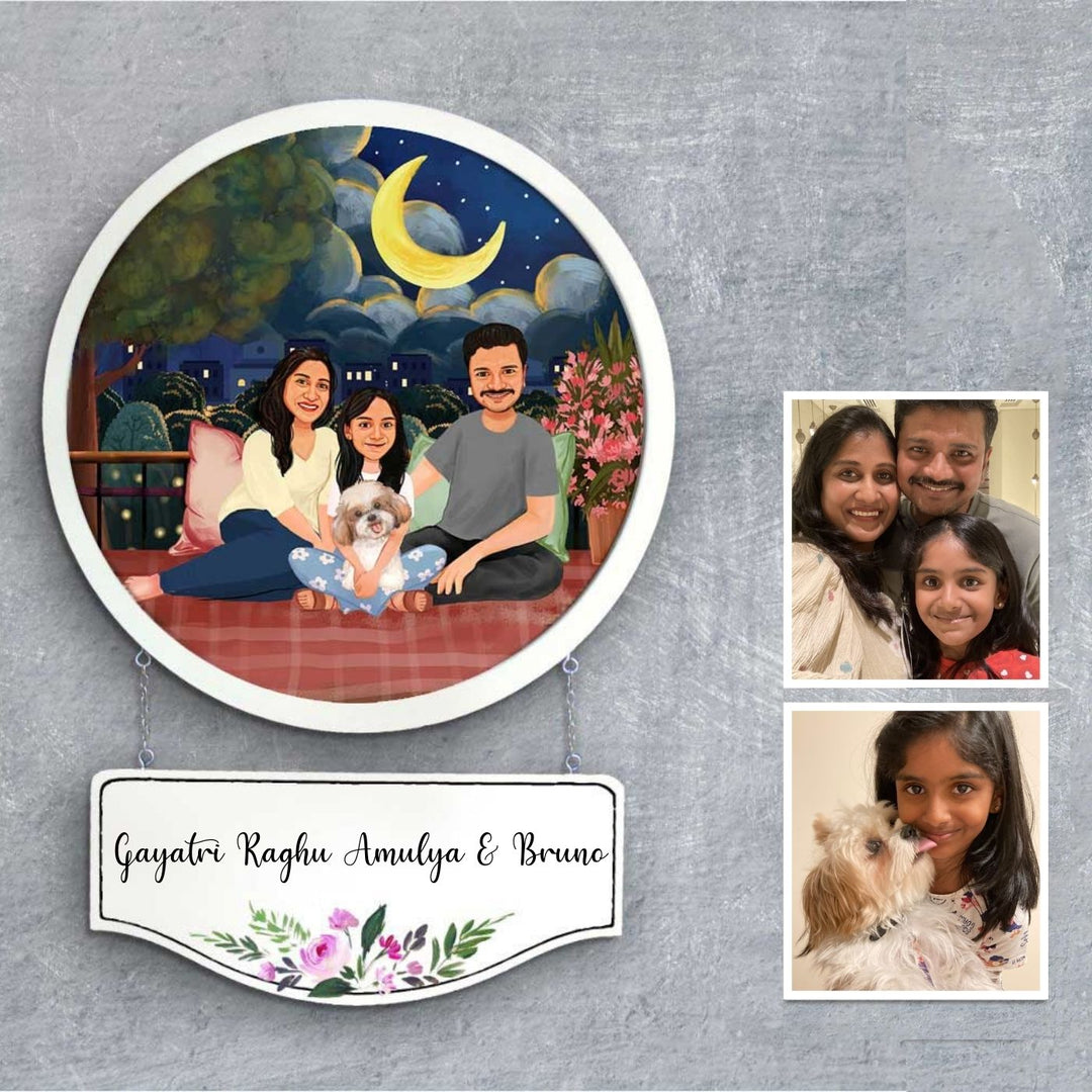 Photo Caricature Hanging Nameplate Small Family 2 - Personalized Illustration with Nameplate