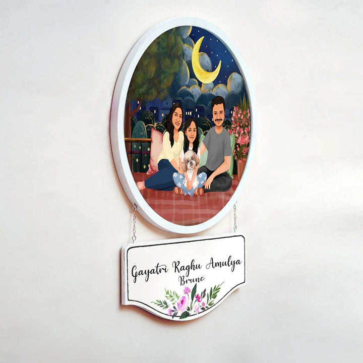 Photo Caricature Hanging Nameplate Small Family 2 - Side View with Hanging Nameplate