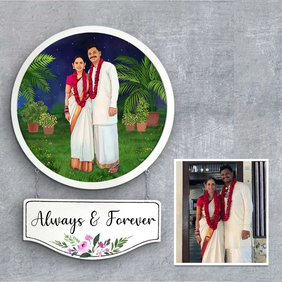 Photo Caricature Hanging Nameplate Wedding Couples 6 - Mounted Wall Portrait with Text Panel