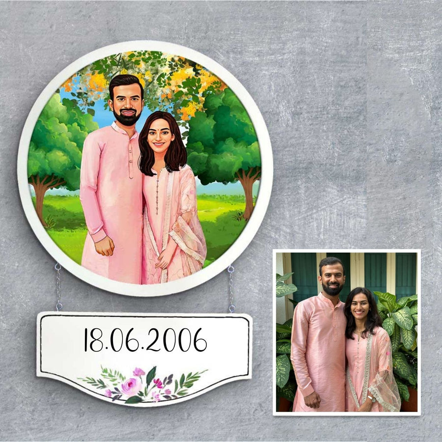 Photo Caricature Hanging Nameplate Wedding Couples 1 - Front View with Personalized Date Panel