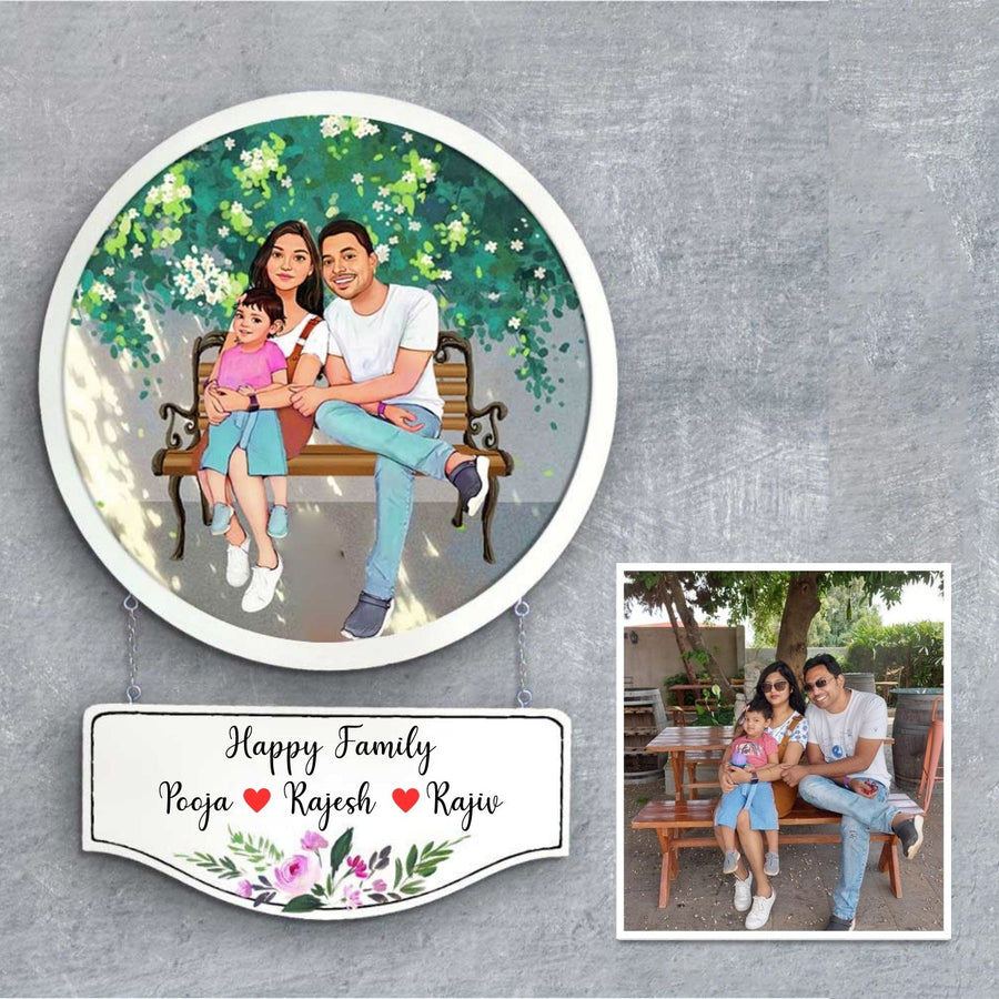Photo Caricature Hanging Nameplate Small Family 1 - Personalized Wall Hanging with Photo