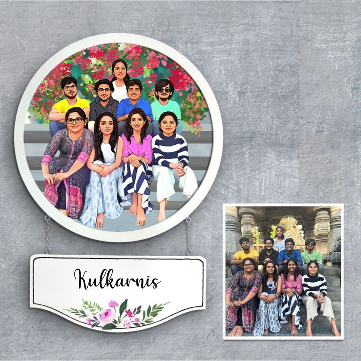 Photo Caricature Hanging Nameplate Large Family 3 - Hanging Wall Sign with Personalization