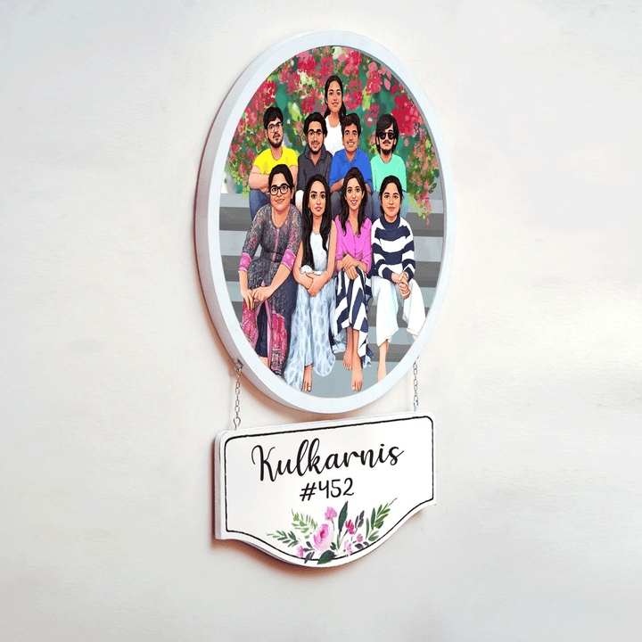 Photo Caricature Hanging Nameplate Large Family 3 - Side View Hanging with Name Plate
