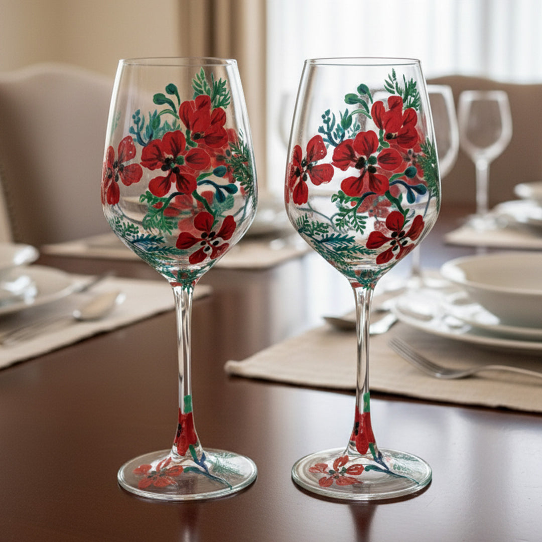 Hand-Painted Red & Green Gulmohar Wine Glass