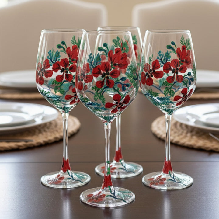 Hand-Painted Red & Green Gulmohar Wine Glass