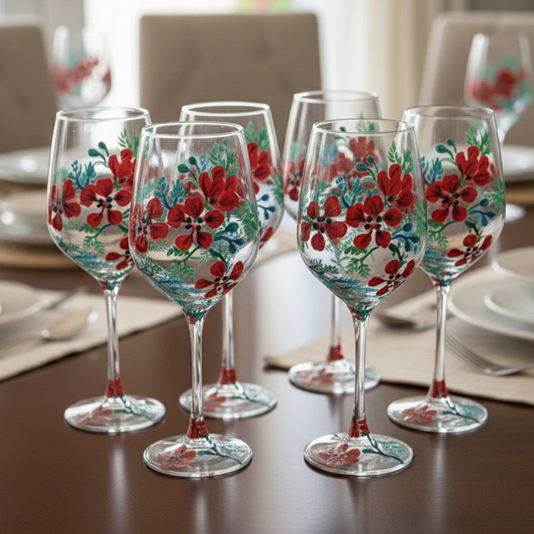 Hand-Painted Red & Green Gulmohar Wine Glass