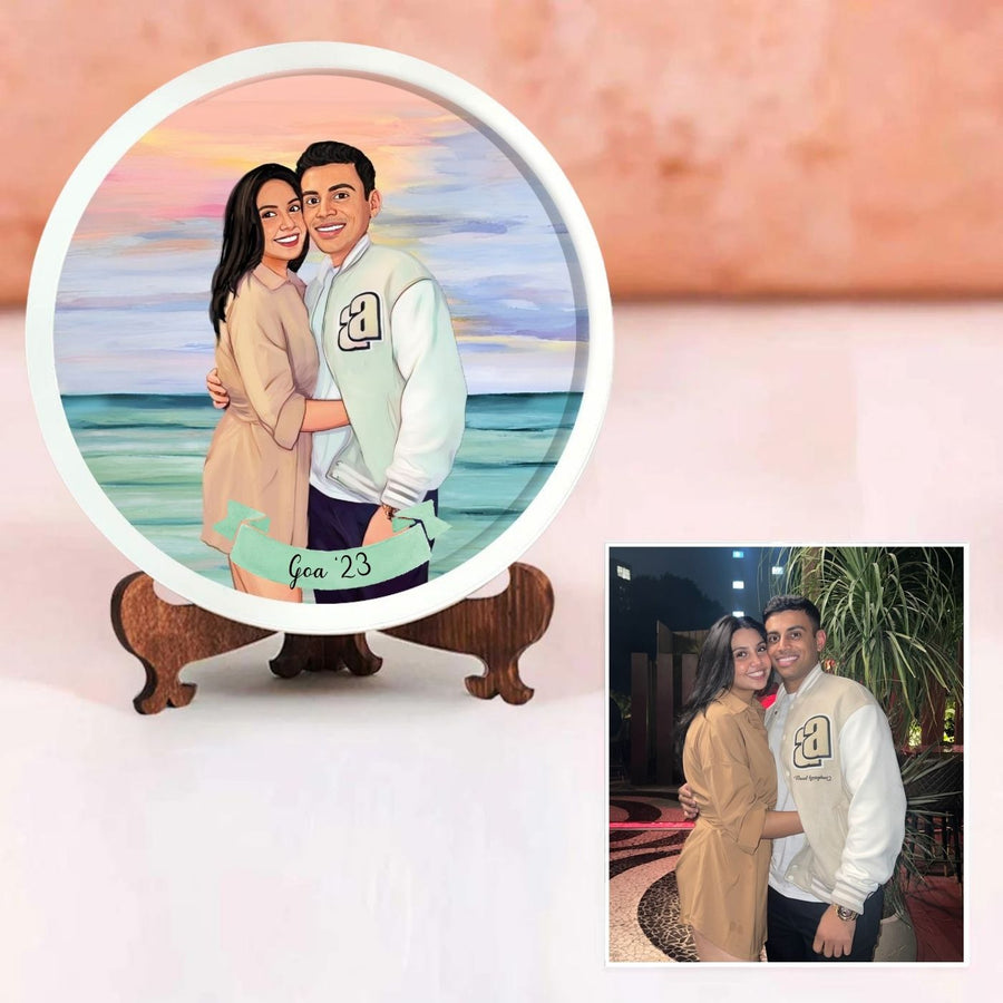 Photo Caricature Nameplate With Stand For Couples 1 - Front View with Personalized Illustration