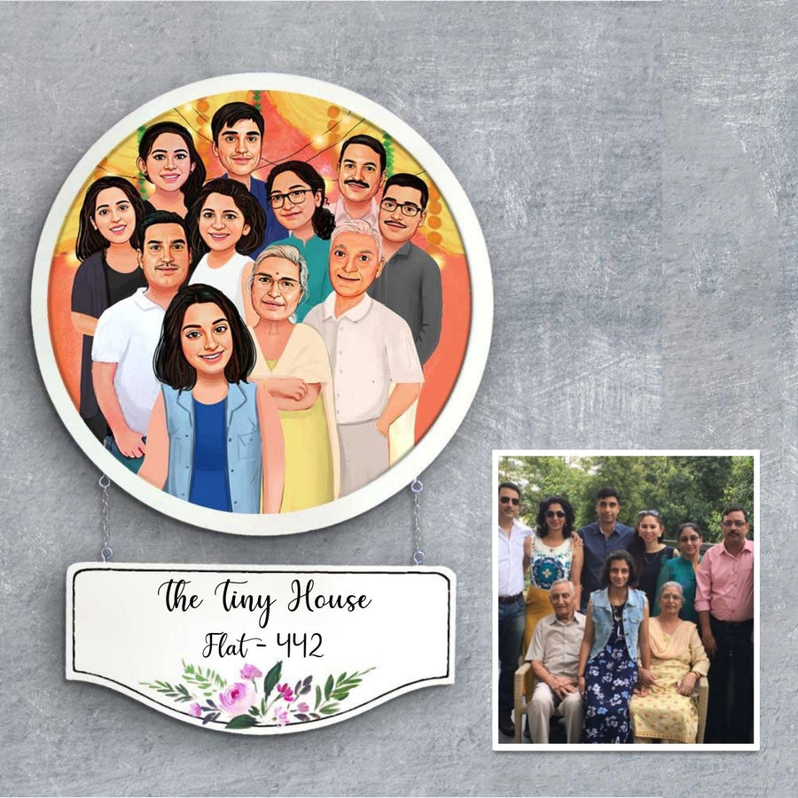Photo Caricature Hanging Nameplate Large Family 4 - Front View with Personalized Name Plate