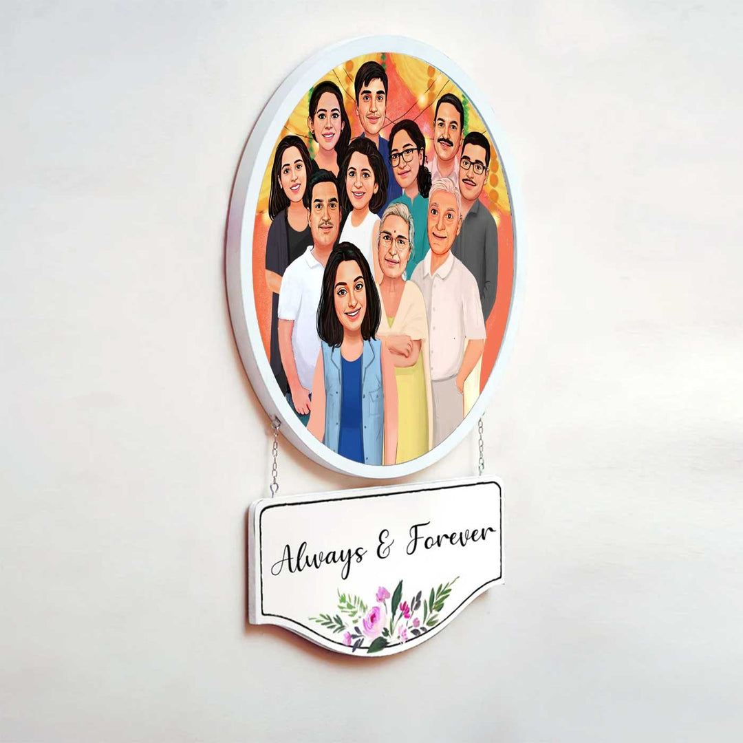 Photo Caricature Hanging Nameplate Large Family 4 - Wall Hanging with Nameplate Sign