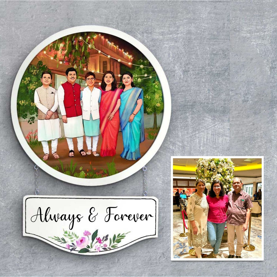 Photo Caricature Hanging Nameplate Large Family - Front View with Personalization Example