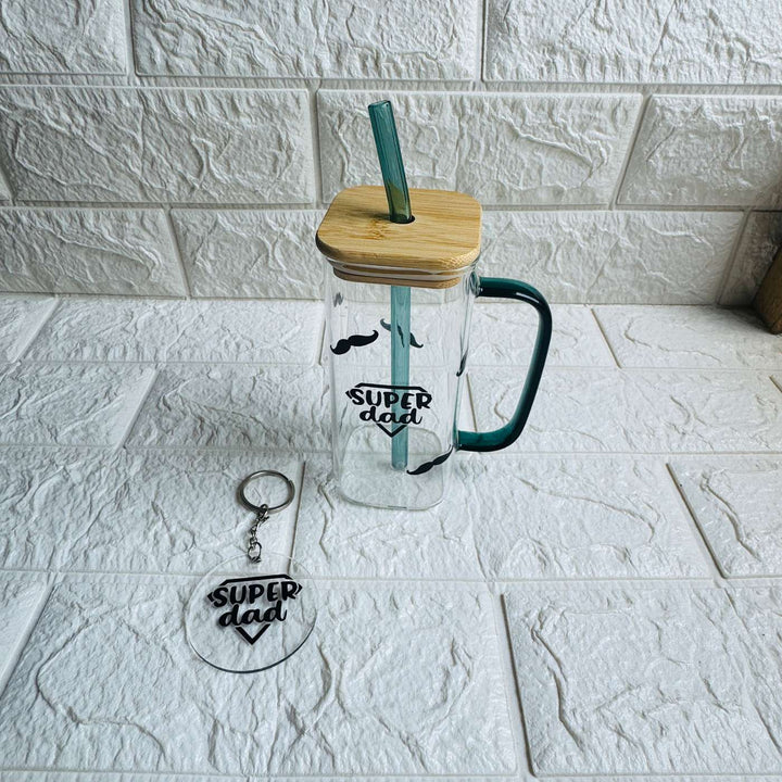Handmade Super Dad Theme Glass Bottle With Straw With Keychain