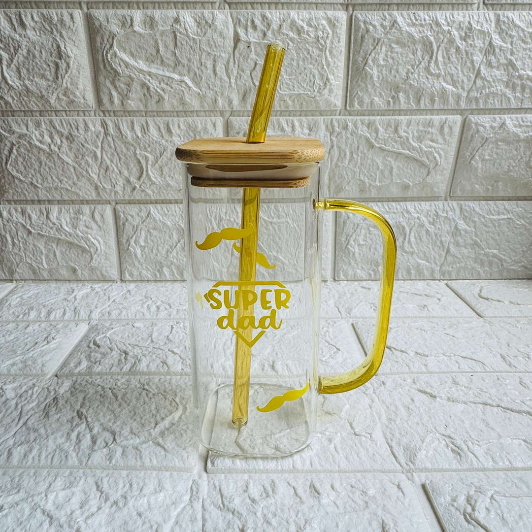 Handmade Super Dad Theme Glass Bottle With Straw