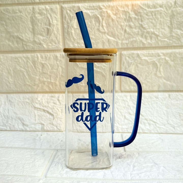 Handmade Super Dad Theme Glass Bottle With Straw