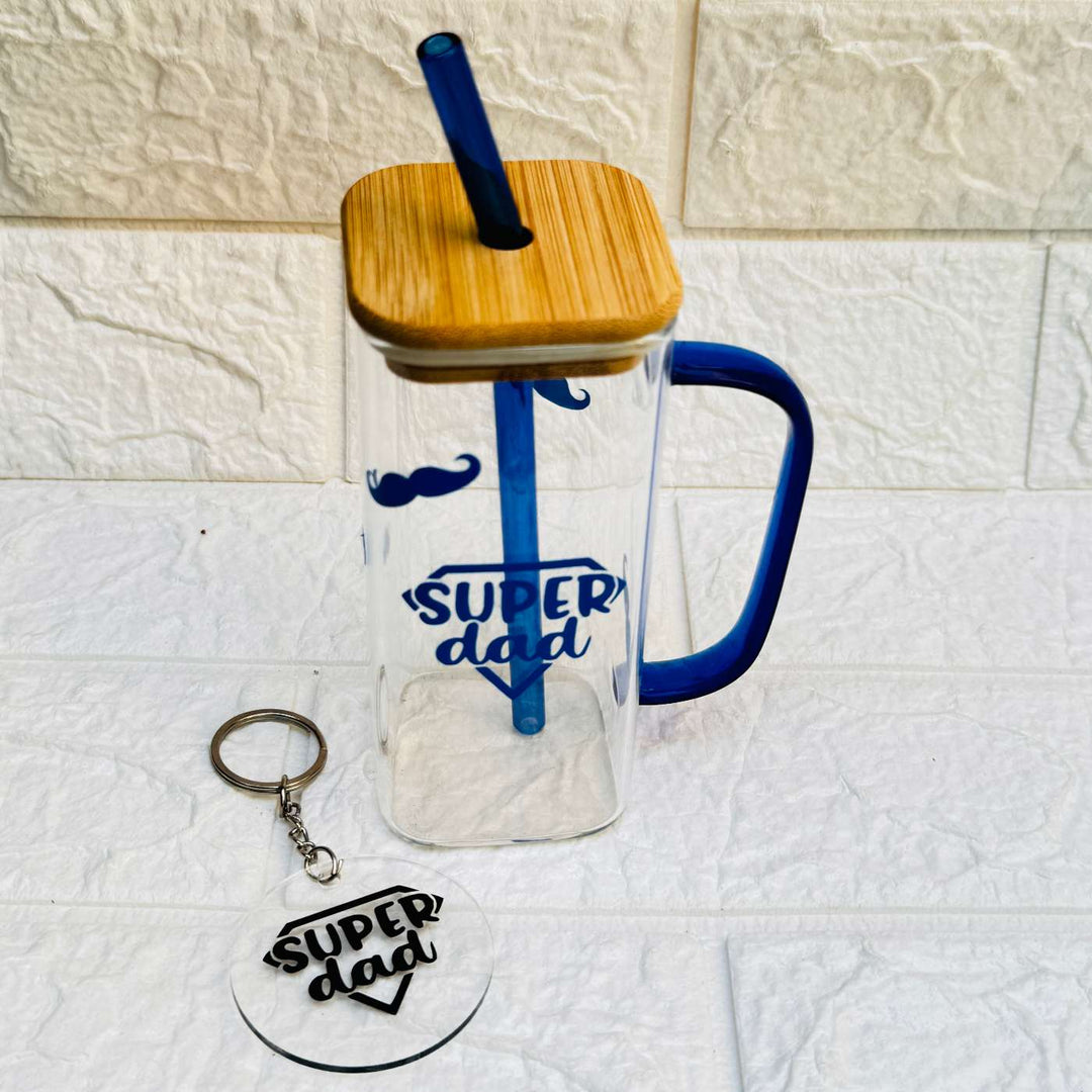 Handmade Super Dad Theme Glass Bottle With Straw With Keychain
