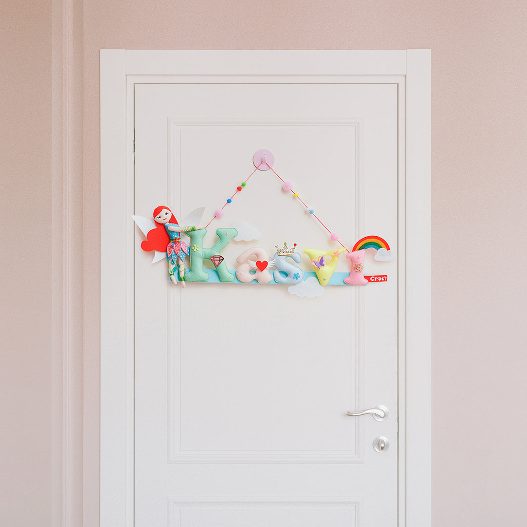Handcrafted Personalized Jungle Fairy Themed Felt Name Plate For Kids - Hanging on Door Front View