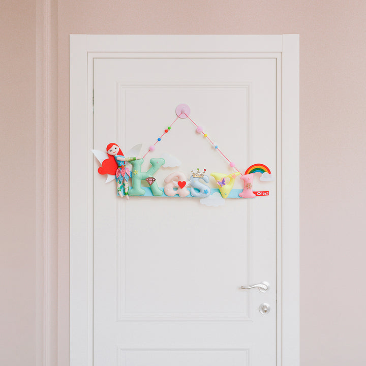 Handcrafted Personalized Jungle Fairy Themed Felt Name Plate For Kids - Hanging on Door Front View