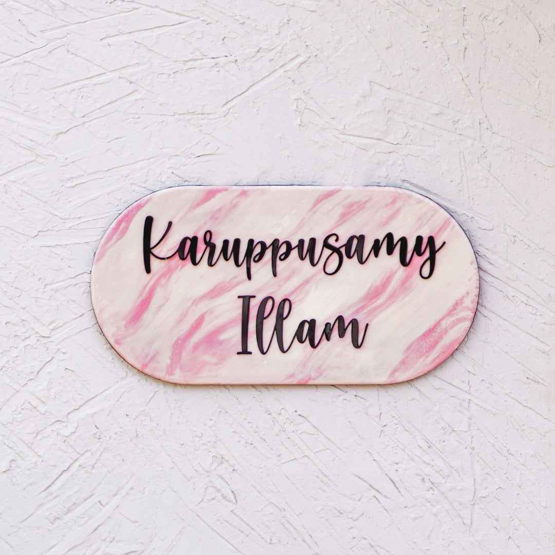 Handmade Resin Pink Black Oval Marbled Name Plate - Front View Mounted on Wall