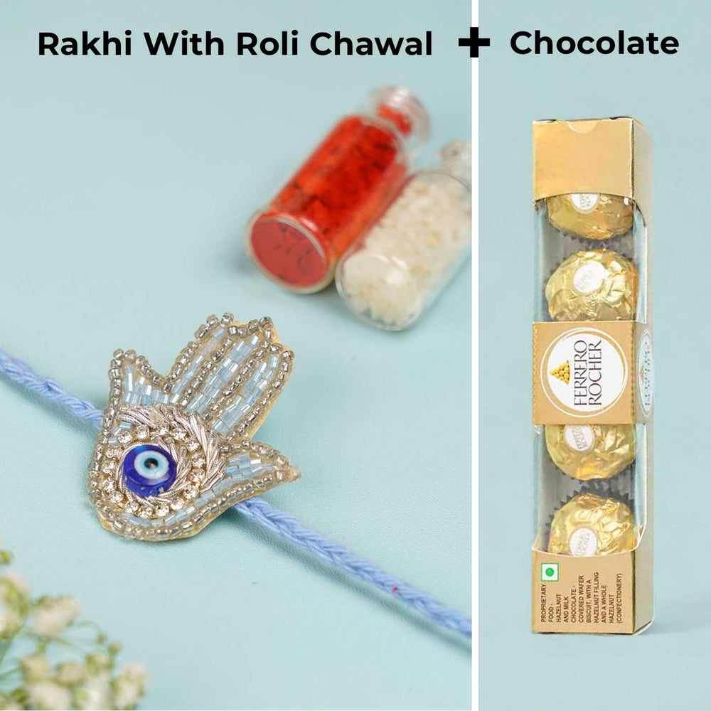 Handmade Beaded Evil Eye Hamsa Hand Rakhi With Roli Chawal - Product Set with Chocolates and Roli Chawal