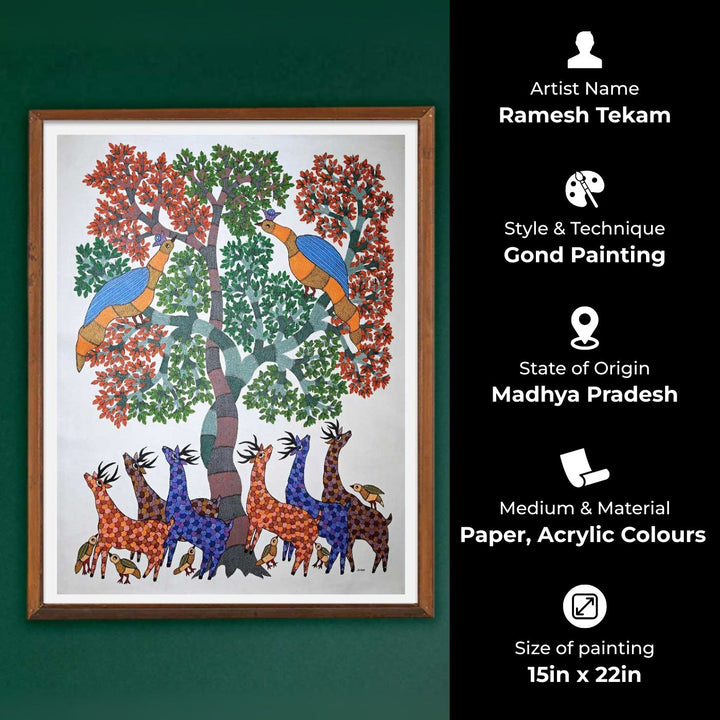 15 x 22 Inch | Peacock, Deers & Birds| Original Hand Painted Tribal Gond Art Painting | Acrylic Paints On Canvas
