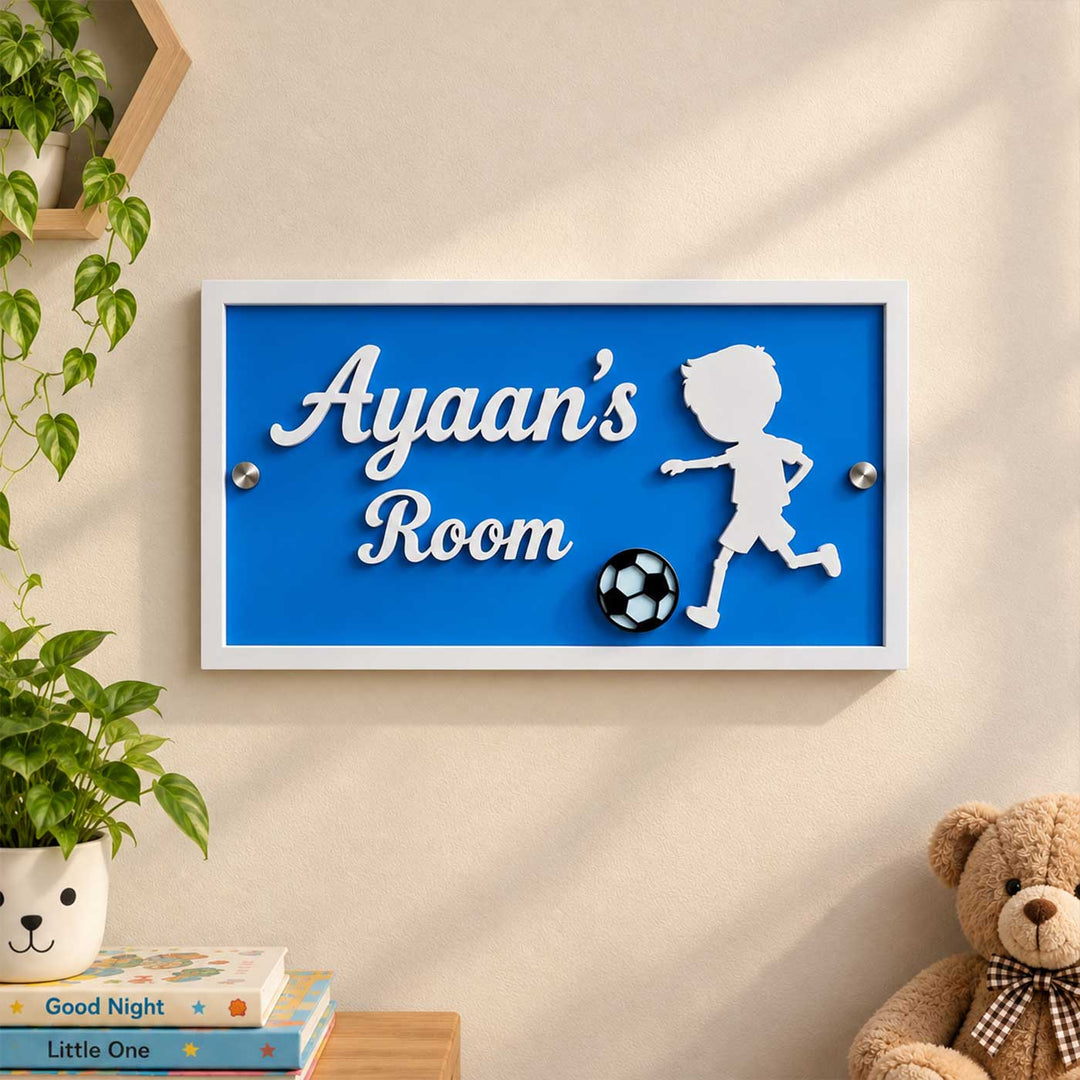 Football Theme Personalized Blue Rectangle Acrylic Name Plate For Kids