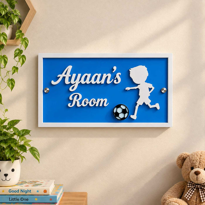 Football Theme Personalized Blue Rectangle Acrylic Name Plate For Kids