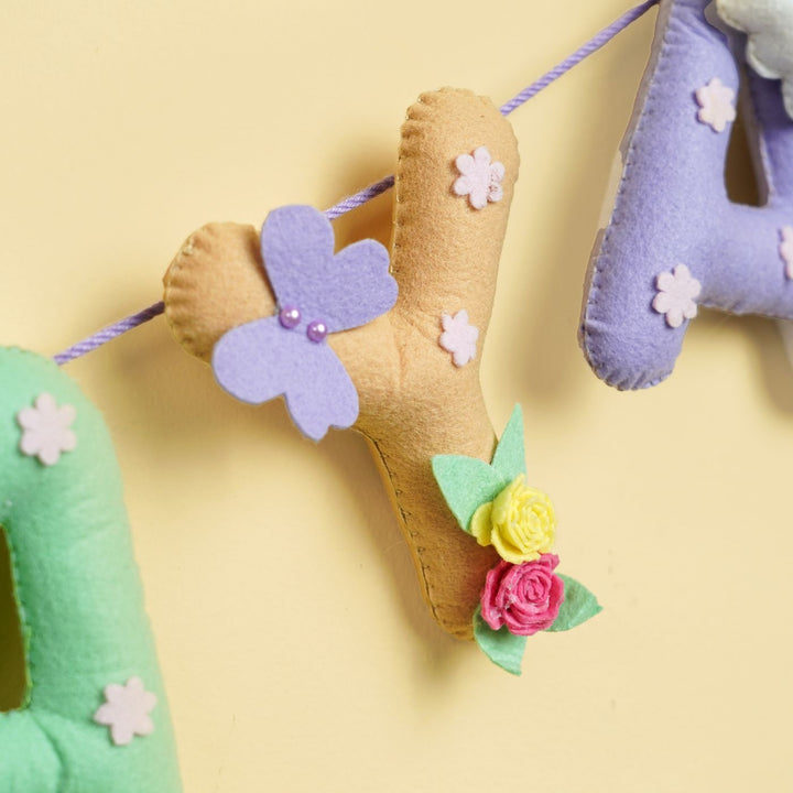 Handmade Personalized Felt Kids Bunting Hot Air Balloon - Close-up Hanging Letter Detail