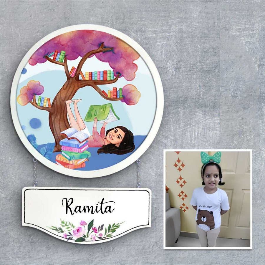 Photo Caricature Hanging Nameplate Teens Kids 2 - Front View with Name Personalization