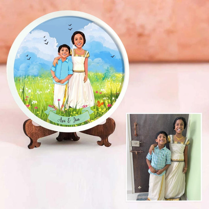 Photo Caricature Nameplate With Stand For Siblings - Personalized Illustration on Plate Display