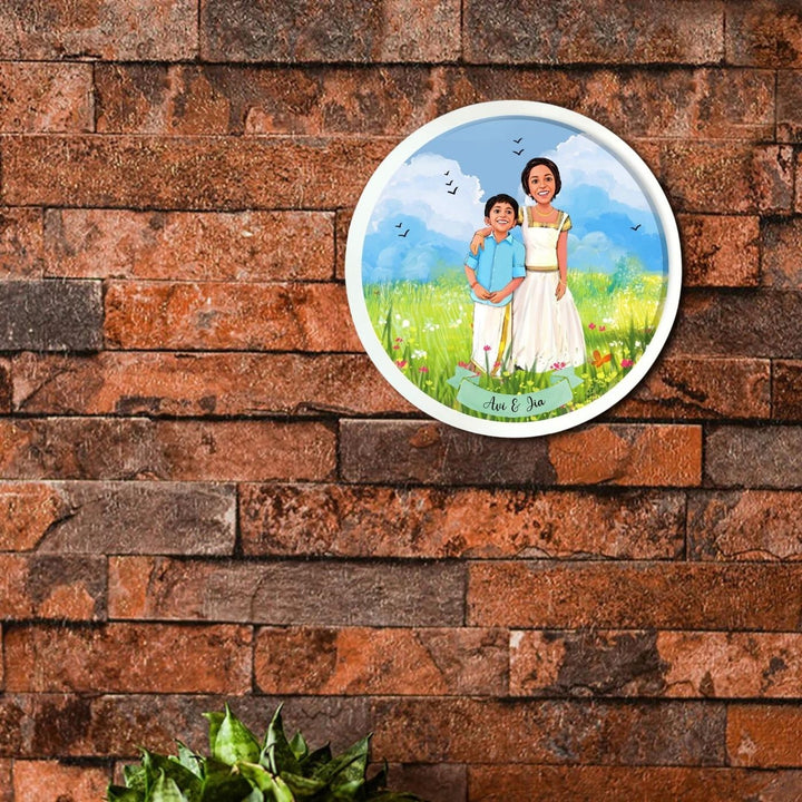 Photo Caricature Nameplate With Stand For Siblings - Mounted on Brick Wall Display