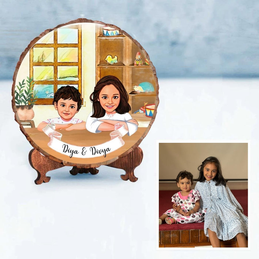 Photo Caricature Bark Nameplate With Stand For Kids 1 - Personalized Cartoon Portrait Example
