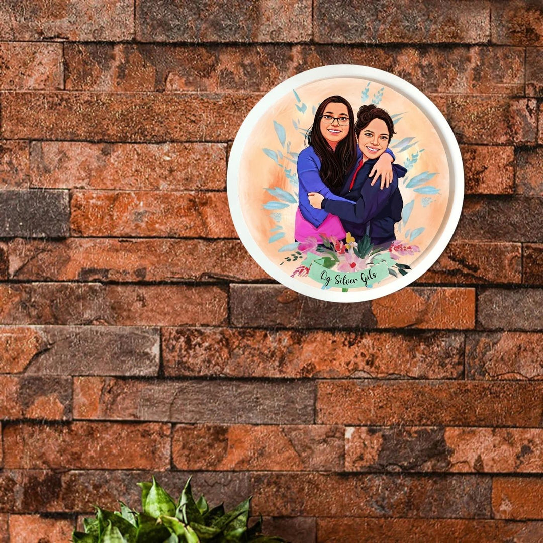 Photo Caricature Nameplate With Stand For Small Family 3 - Mounted on Brick Wall Front View