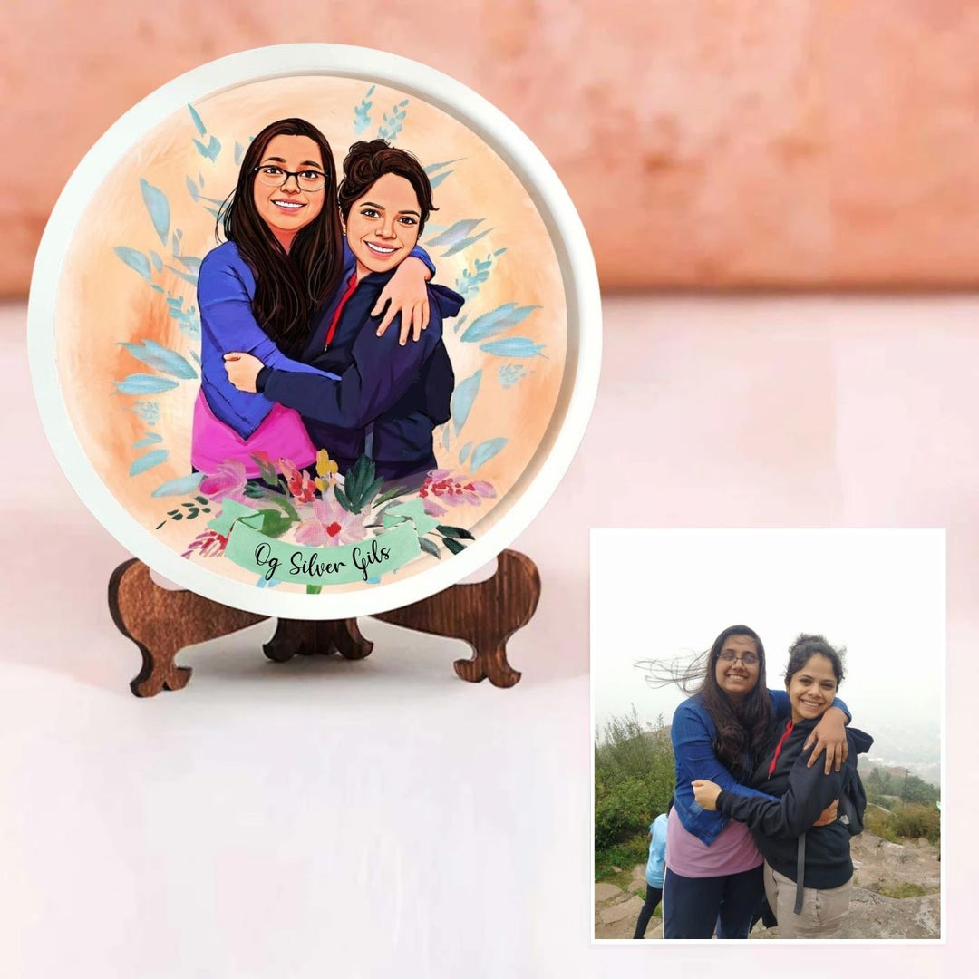 Photo Caricature Nameplate With Stand For Small Family 3 - Front View on Stand with Reference Photo