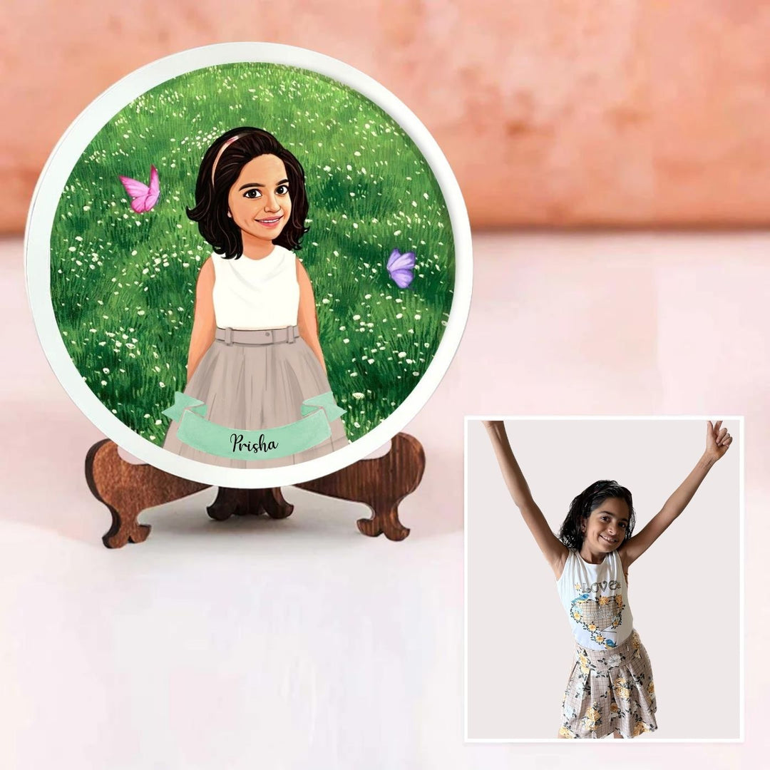 Photo Caricature Nameplate With Stand For Kids 4 - Personalized Plate on Wooden Stand