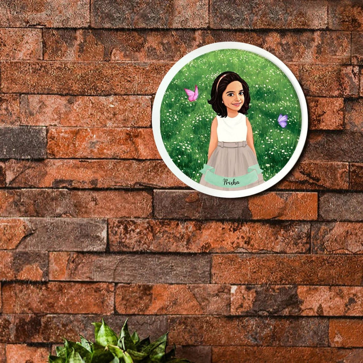 Photo Caricature Nameplate With Stand For Kids 4 - Mounted on Brick Wall Background
